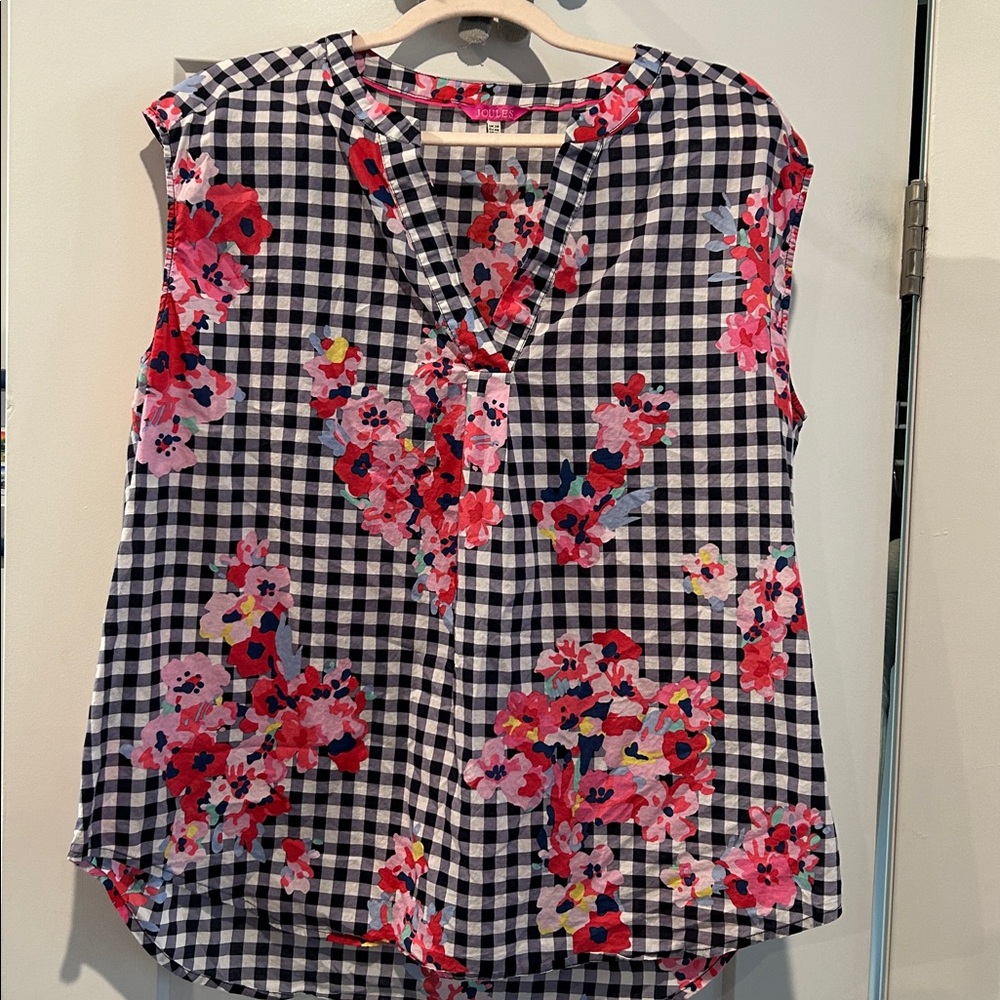 Joules Navy and White Checkered Floral Blouse
